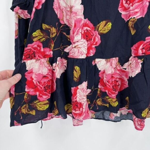 Entro Women's Floral Tiered Blouse Top Layered Bell Sleeve Pink Navy Blue Small - Picture 7 of 15